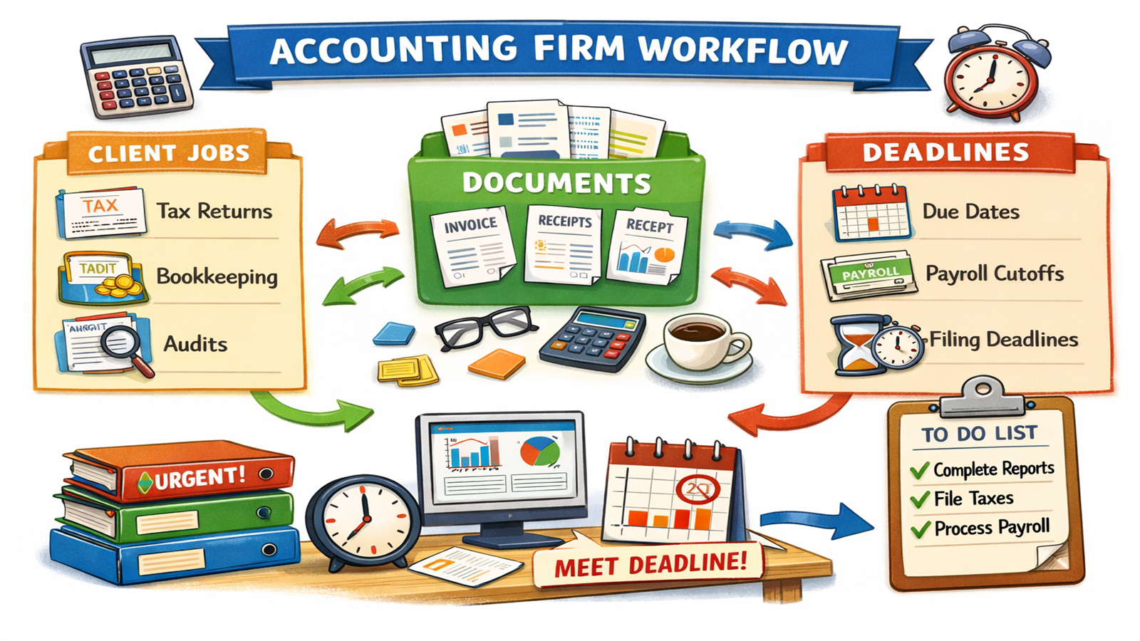 Accounting firm workflow illustration showing jobs, documents and deadlines