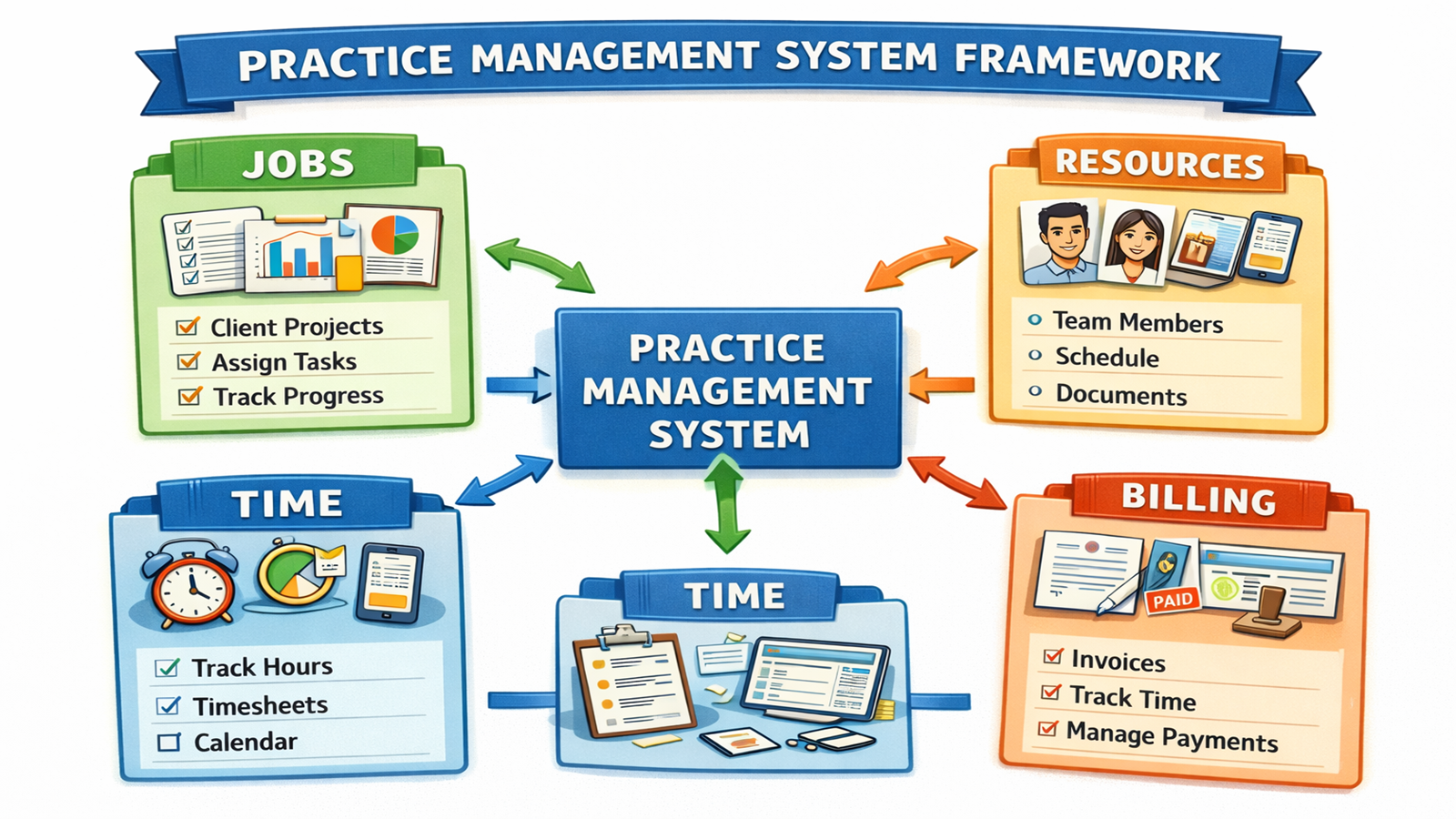 Practice management system framework showing jobs, resources, time and billing